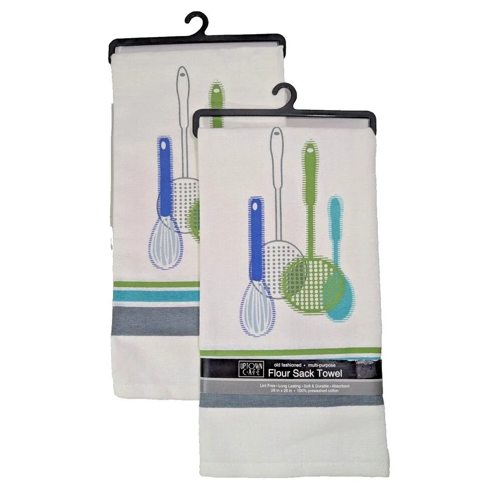 Uptown Cafe Flour Sack Towels Kitchen Utensils Blue Green Soft 2-Pc Lint Free